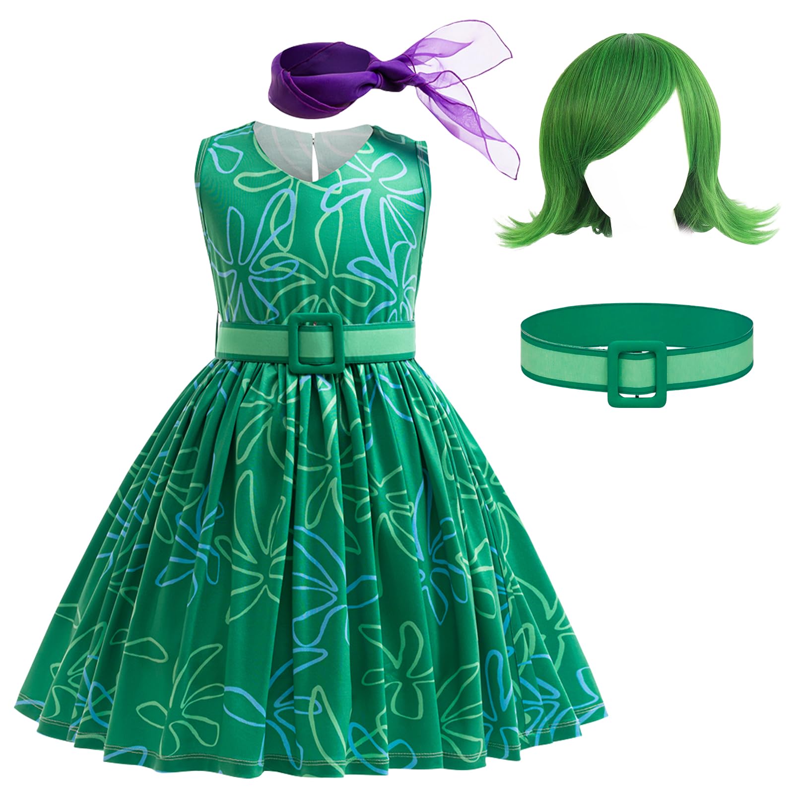 keaiyouhuo Girls Green Disgust Costume Kids Joy Princess Dress Cosplay Halloween Birthday Christmas Outfits with Wig