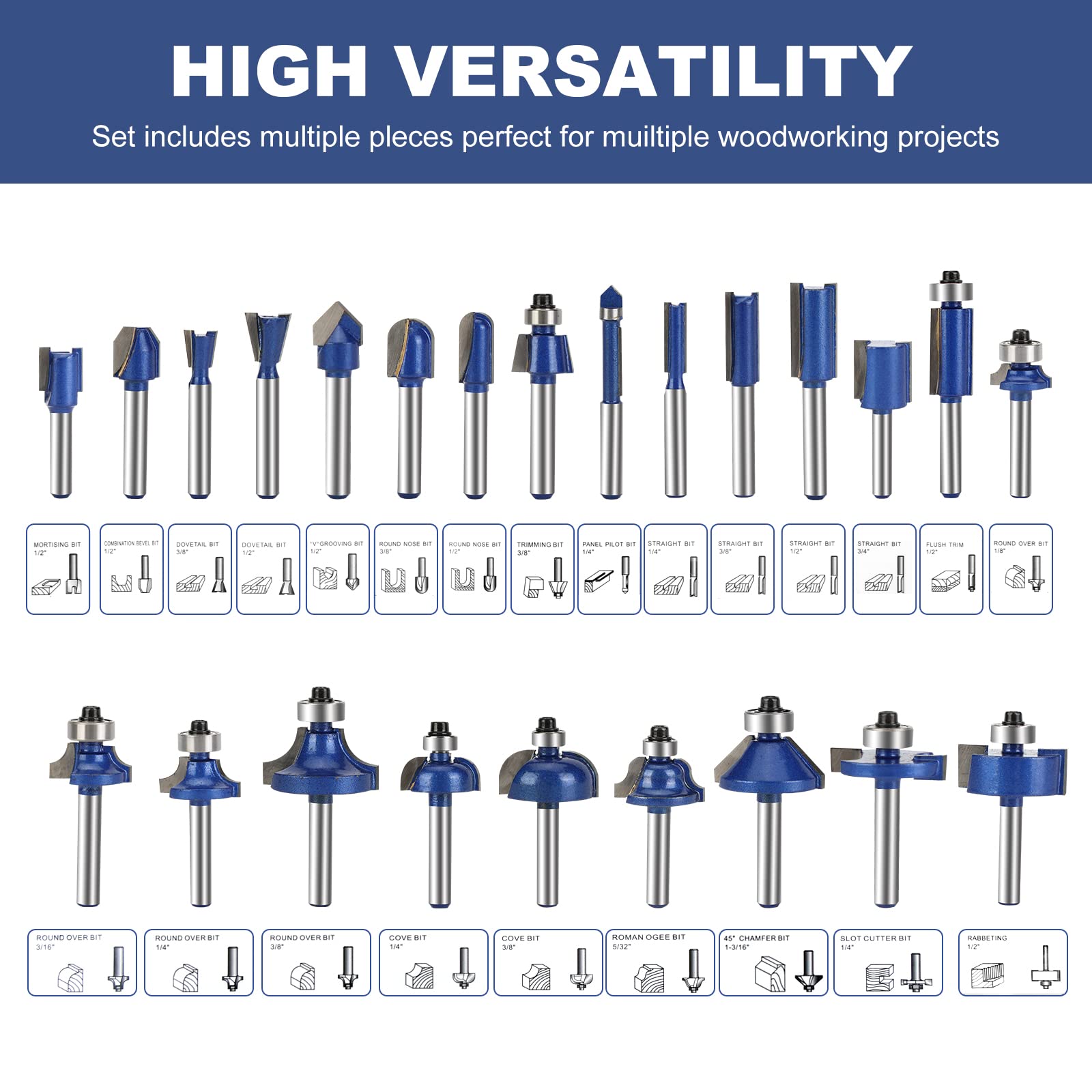 Yueqing Zhongji 1/4 Inch Shnak Router Bits Set 24 Tungsten Carbide Router Bits-6.35MM Shank 24 Piece Router Bit 1/4 Inch Professional router bits set - Image 2
