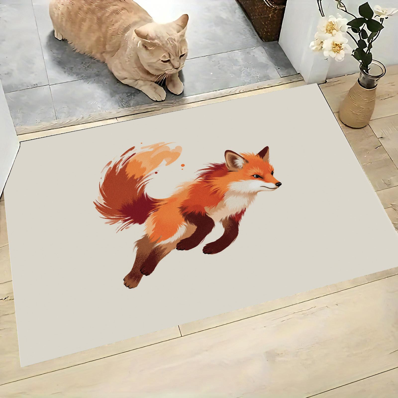 Tapis de sol antidérapant lavable 80 x 120 cm paillasson intérieur fin motif renard