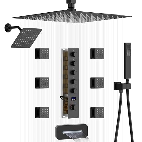 WHSHOWER Full Body Shower System With Body Jets Multi Function Shower Faucet Set With Waterfall Tub Spout 12 & 8 Inch Dual Shower Head 5 Ways Temperature Display Valve And Handheld Spray,Matte Black