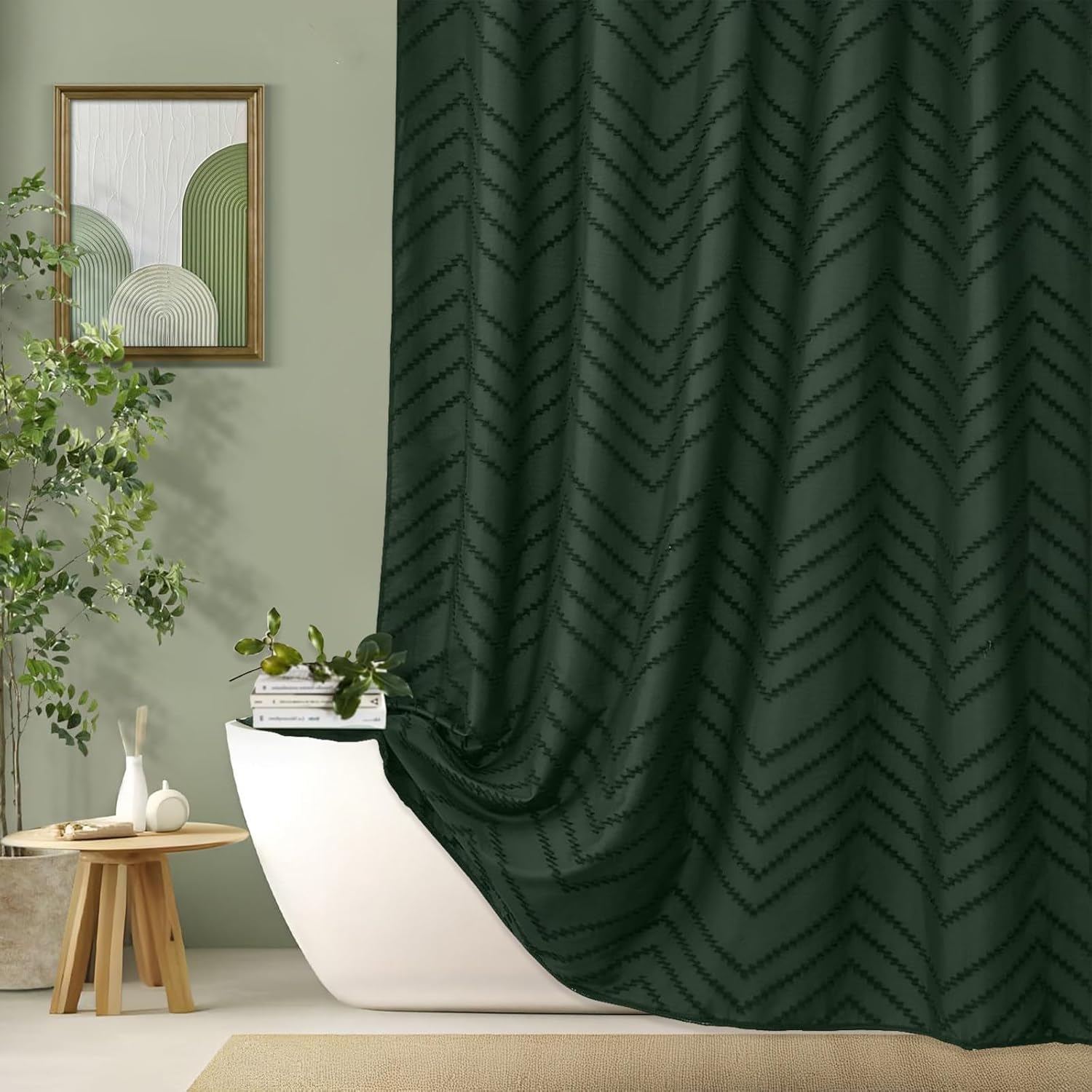 TURKIO 84inch Extra Long Dark Green Boho Shower Curtain Woven Fabric Shower Curtain Tufted Chervon Textured Shower Curtains Minimalist Shower Curtains