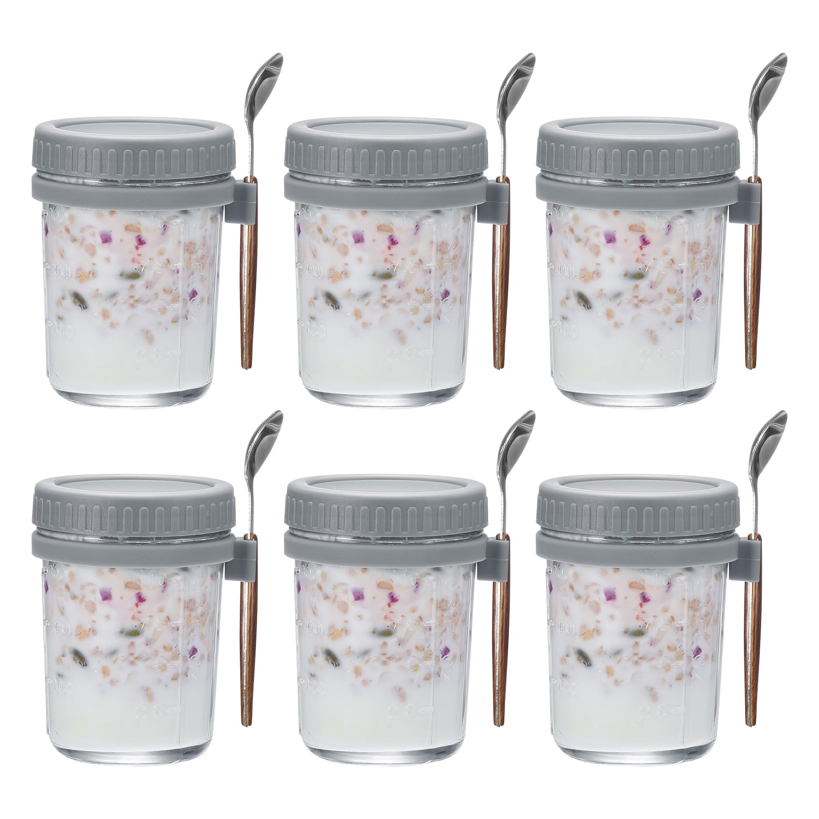 QUARKZMAN Übernacht Haferflocken Behälter mit Deckel 6stk - 10 Oz Übernacht Haferflocken Gläser mit Löffeln und Maß Markierungen Mason Glas Gläser für Milch Müsli (Grau)