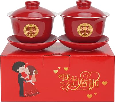 Chinese Wedding Red Tea Cup Set - Traditional Ceramic Double Happiness Cups with Saucer and Lid, Kung Fu Tea Cup, Wedding Party Decor, Ceremony Supplies, Gift, Fengshui