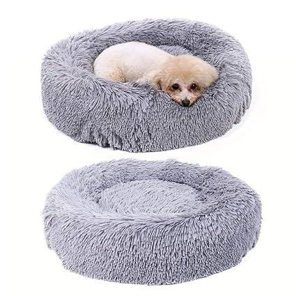 Mollismoons Fluffy Plush Round Dog Calming Bed Cushion Warm Cat Puppy Sleeping Mat Super Soft Furry Foldable Round Cat Warm Sleeping Bed Portable Soft Plush Pet Kennel Dog Pet Bed (Grey 77 cm for Medium Dog)