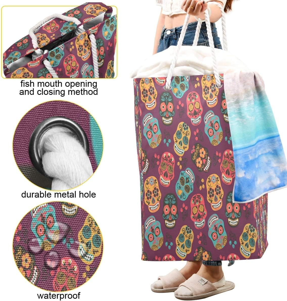 カラフルなメキシカンシュガースカルランドリーハンパーバスケット大型折りたたみ式洗濯ビン折りたたみ式収納折りたたみ式衣類バッグランドリ