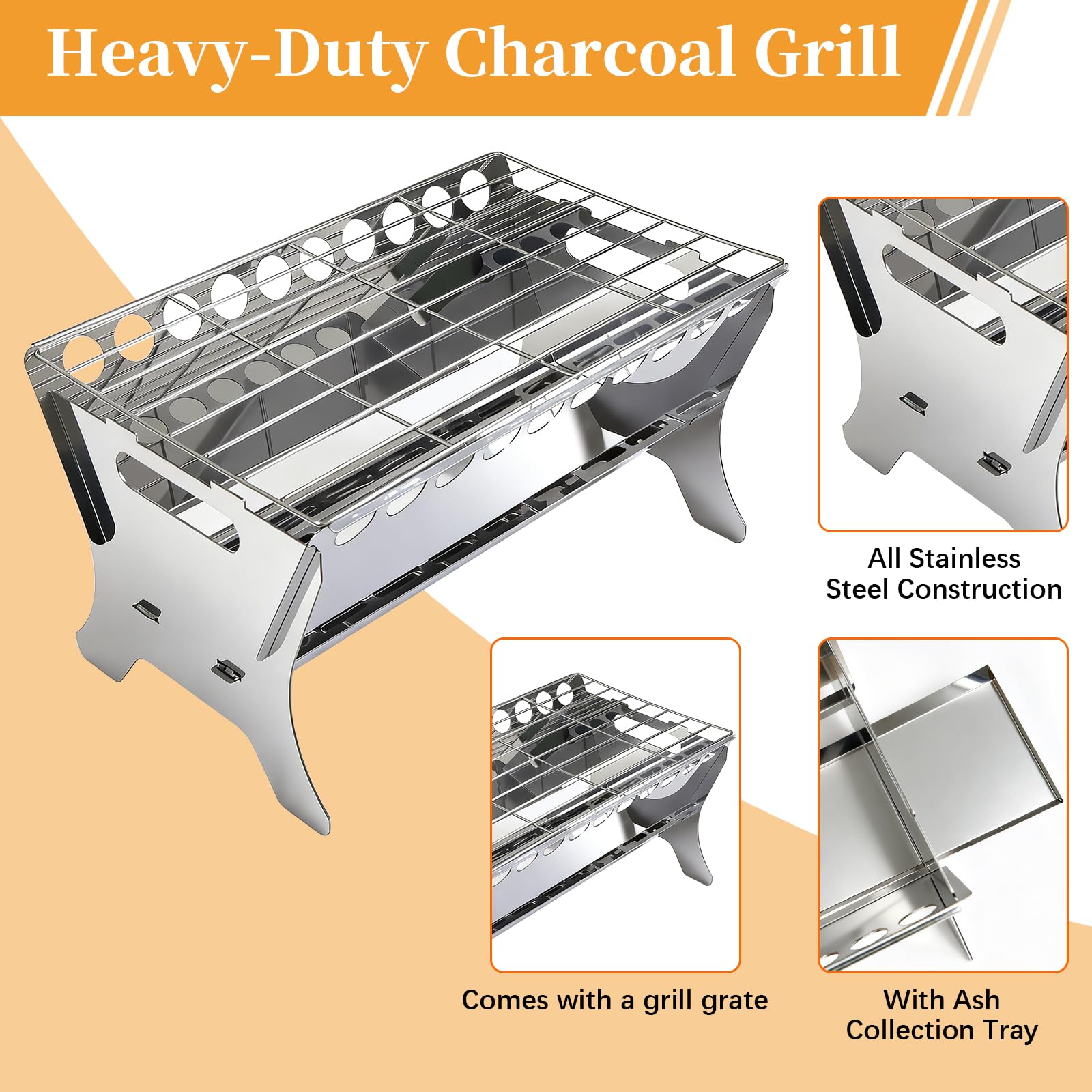 Barbecue da tavolo in acciaio inox, da montare, portatile per campeggio, giardino e picnic, con griglia e vassoio per cenere, facile da montare e robusto