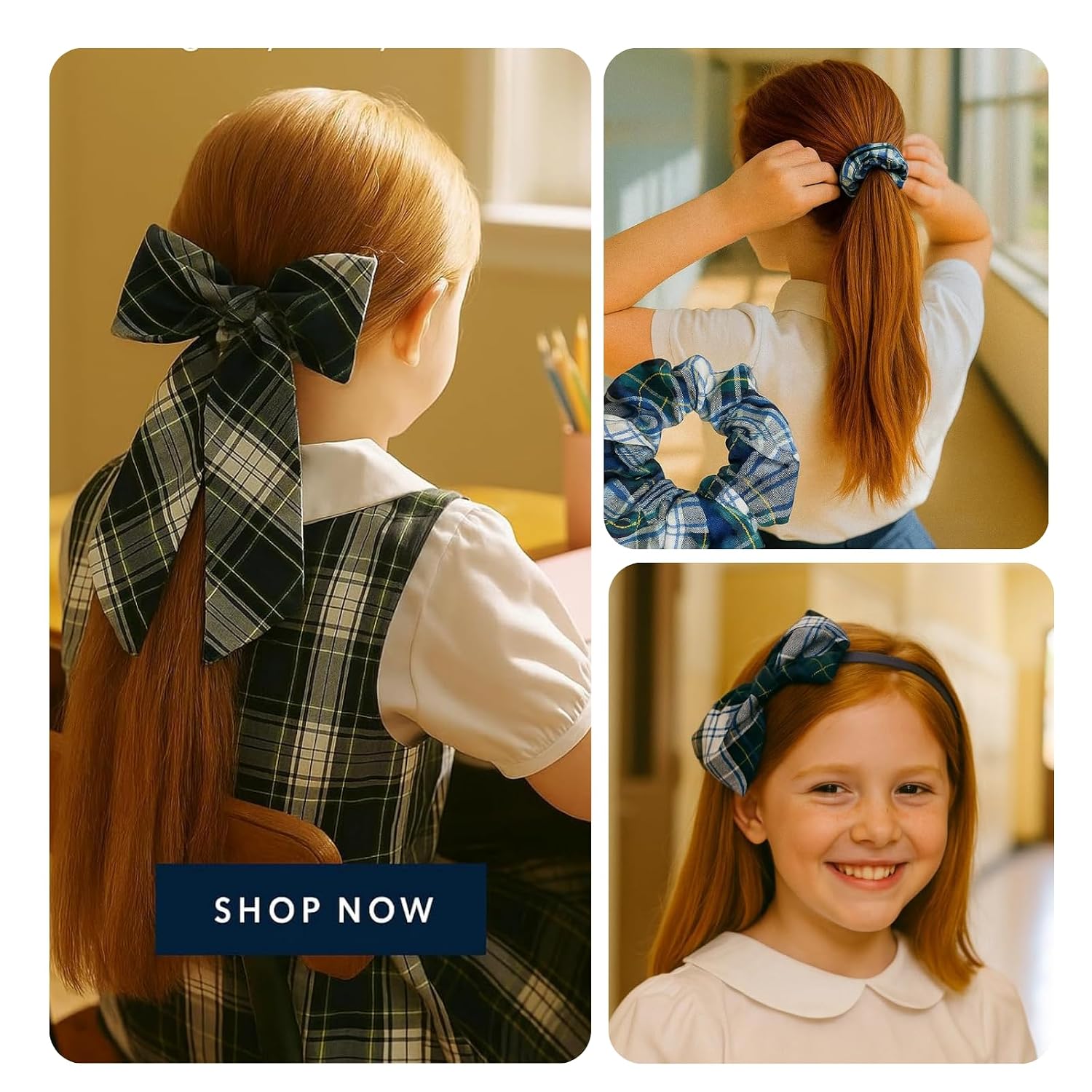 ClassExceed Tartan Plaid Hair Bow Set for Girls with Bow Headband and Scrunchie, Girls Hair Accessories for School – White Navy Hunter Plaid 80