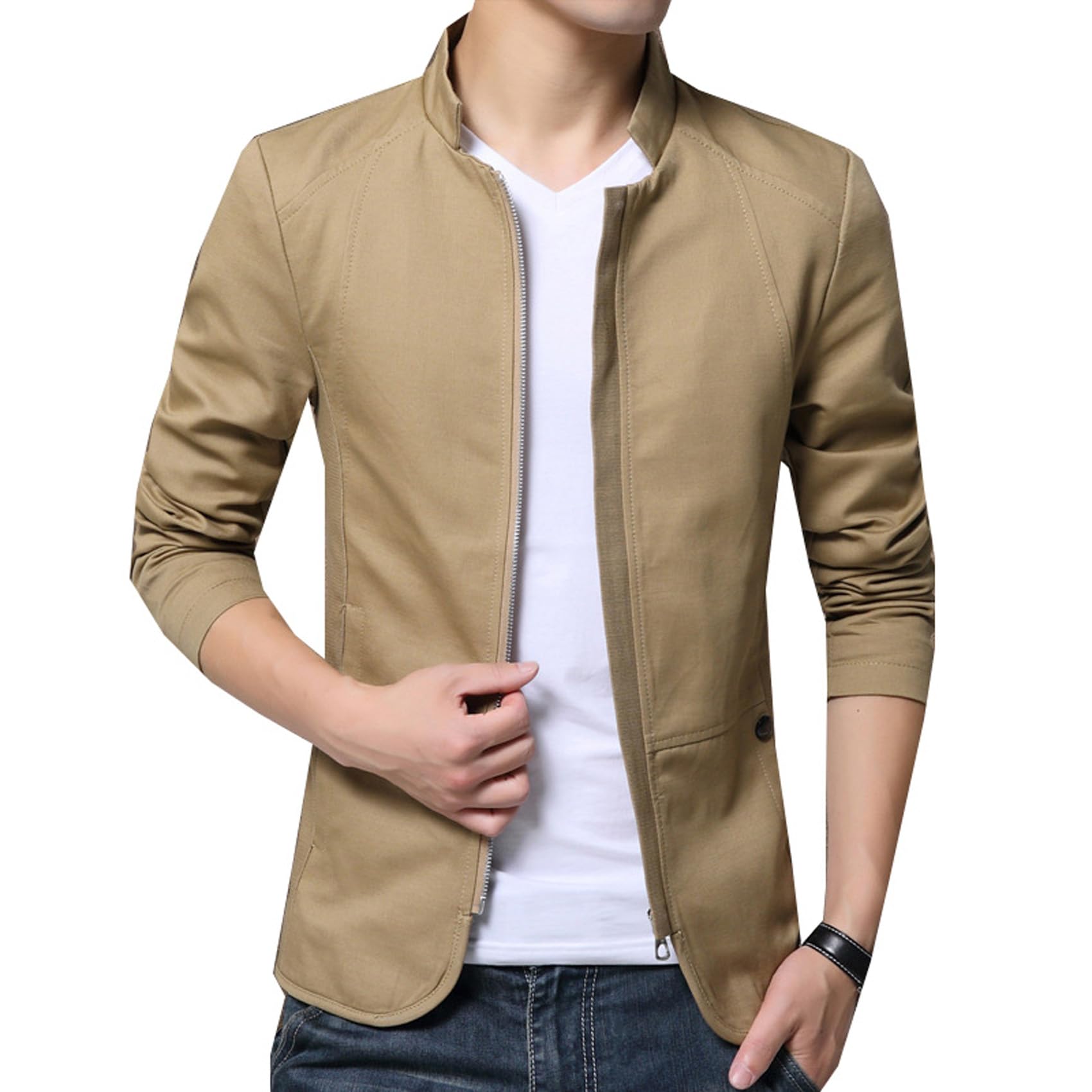 LAZIRO Los Hombres De OtoñO De Cuello De Color SóLido Slim Zip Casual Chaqueta De Manga Larga Con Bolsillos