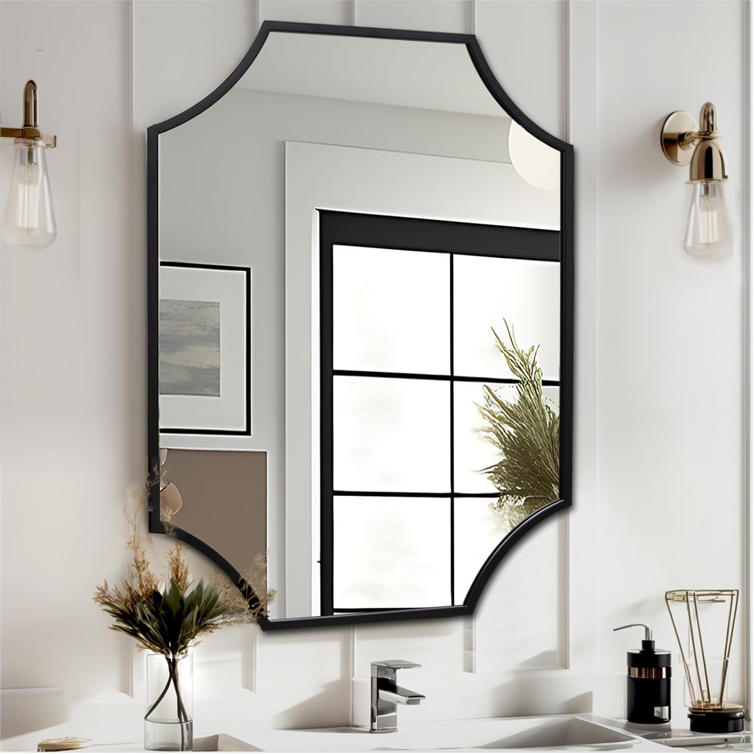 Scallop Wall Mirror, Black Bathroom Mirror 24x36 inch with Aluminium Frame, Wall-Mounted Mirror, Large Vanity Mirror, Deacor Mirror 24 x 36, Metal Mirror for Bedroom, Living Room, Entryway