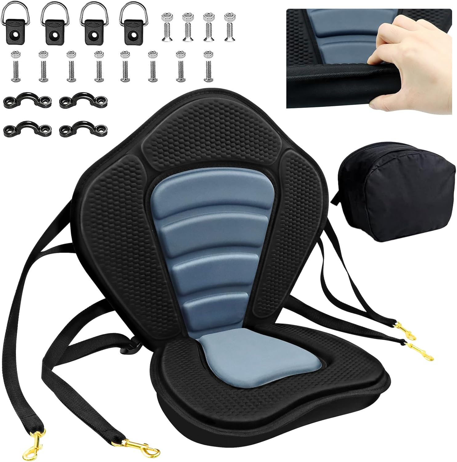 Kayak Seat Deluxe Padded Fishing Boat Seat Deluxe Sit-On-Top Canoe Seat Cushioned - Comfortable Backrest Support Universal Sit with Adjustable Back Strap Detachable Storage Bag