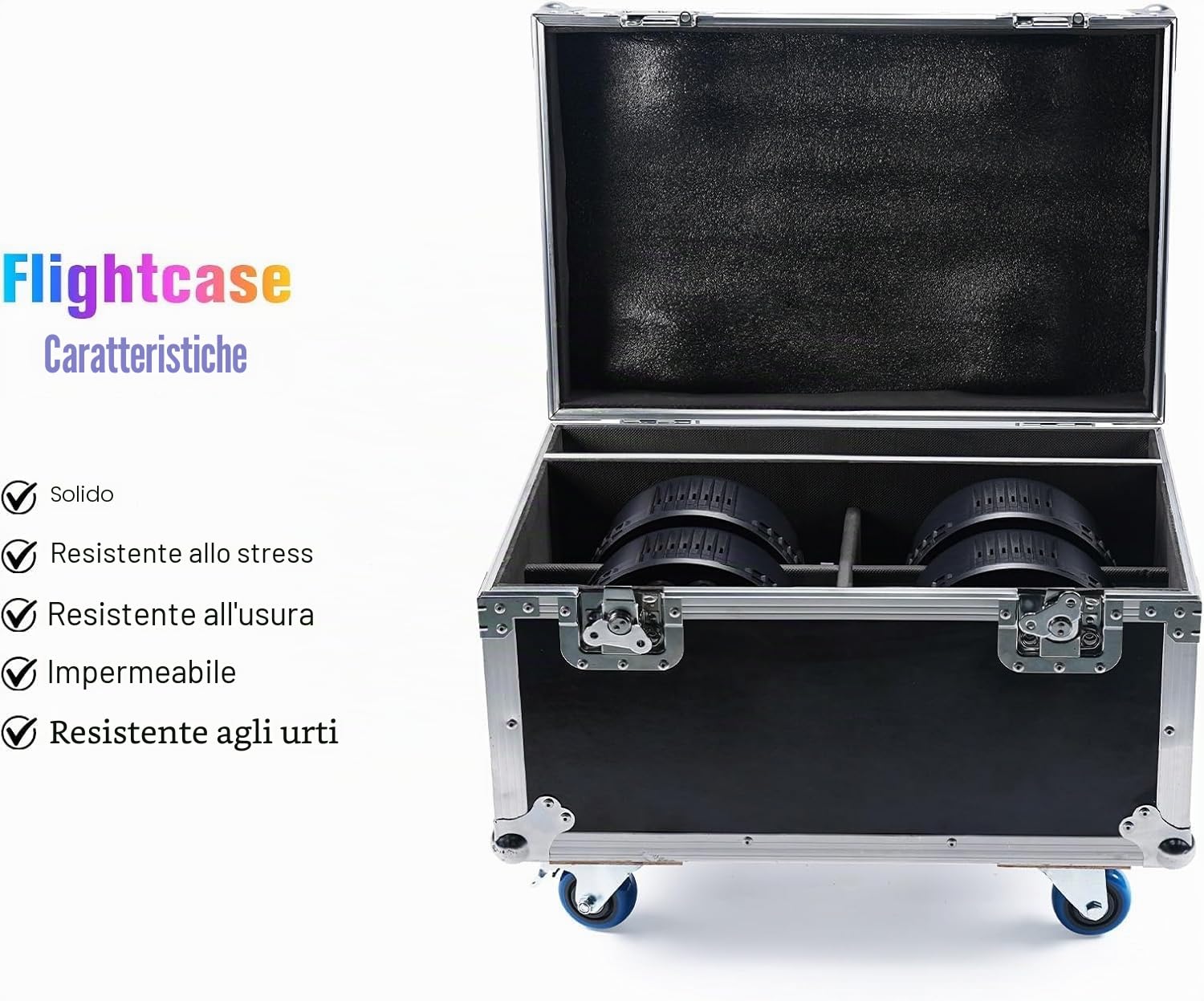 Flightcase per 180W Par LED, 62,5 x 41 x 45,5 cm, 15,3 KG, Valigetta di trasporto con Ruote e Maniglia Retrattile per un Facile Trasporto per Luci Par da Palco