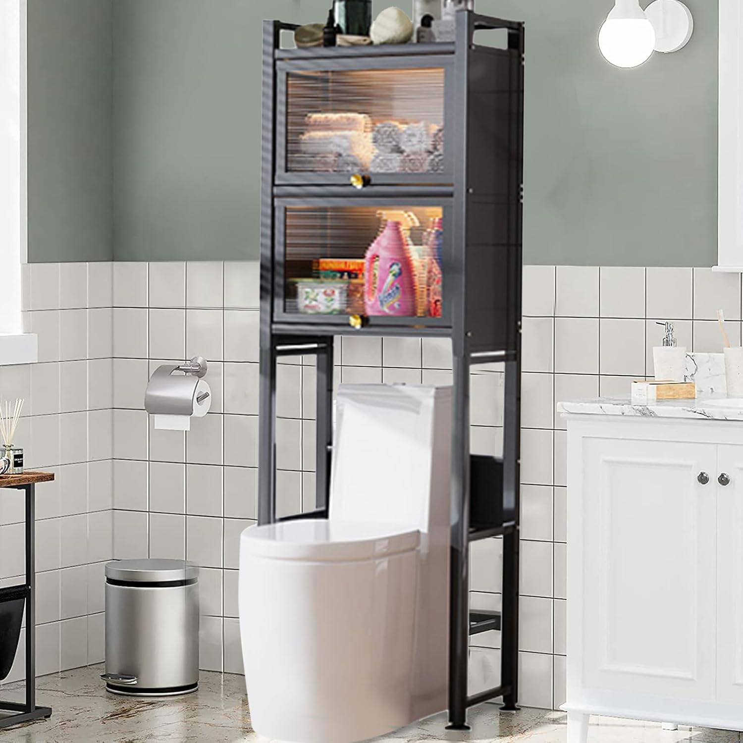 Over The Toilet Storage Cabinet, 3 Tier Over Toilet Storage Rack with Flip Door and Non-Slip Feet, Bathroom Shelf Organizer with Metal Frame, Freestanding Home Space-Saving Toilet Rack Grey
