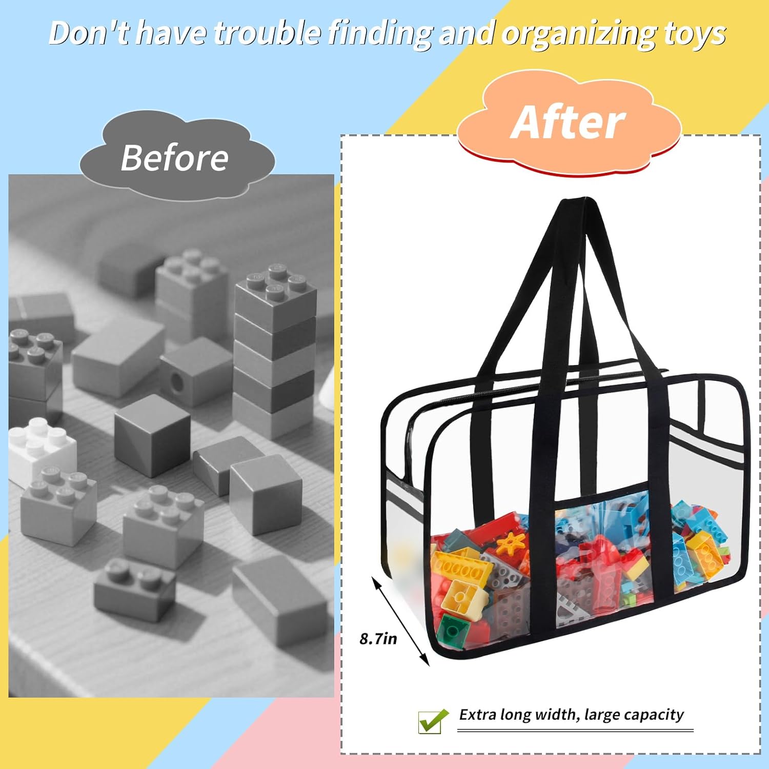 Large Clear Toy Storage Bag with Zipper,17.2x8.7x11.4IN Widen XX-Large Reusable Clear PVC Board Game Storage, Travel Waterproof Organizer Bags for Building Blocks, Puzzle, Book, Board Game(1 Pack) - Image 3