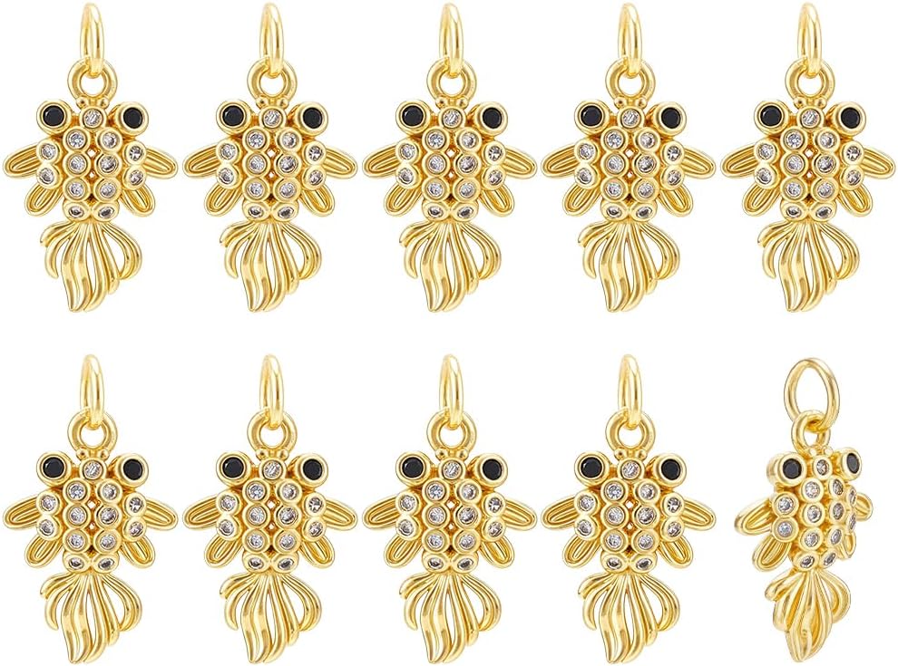 BENECREAT 10Pcs 18K Gold Plated Fishing Charms, Cubic Zirconia Pendant, Sea Life Charms for DIY Jewelry Making Festival Gift