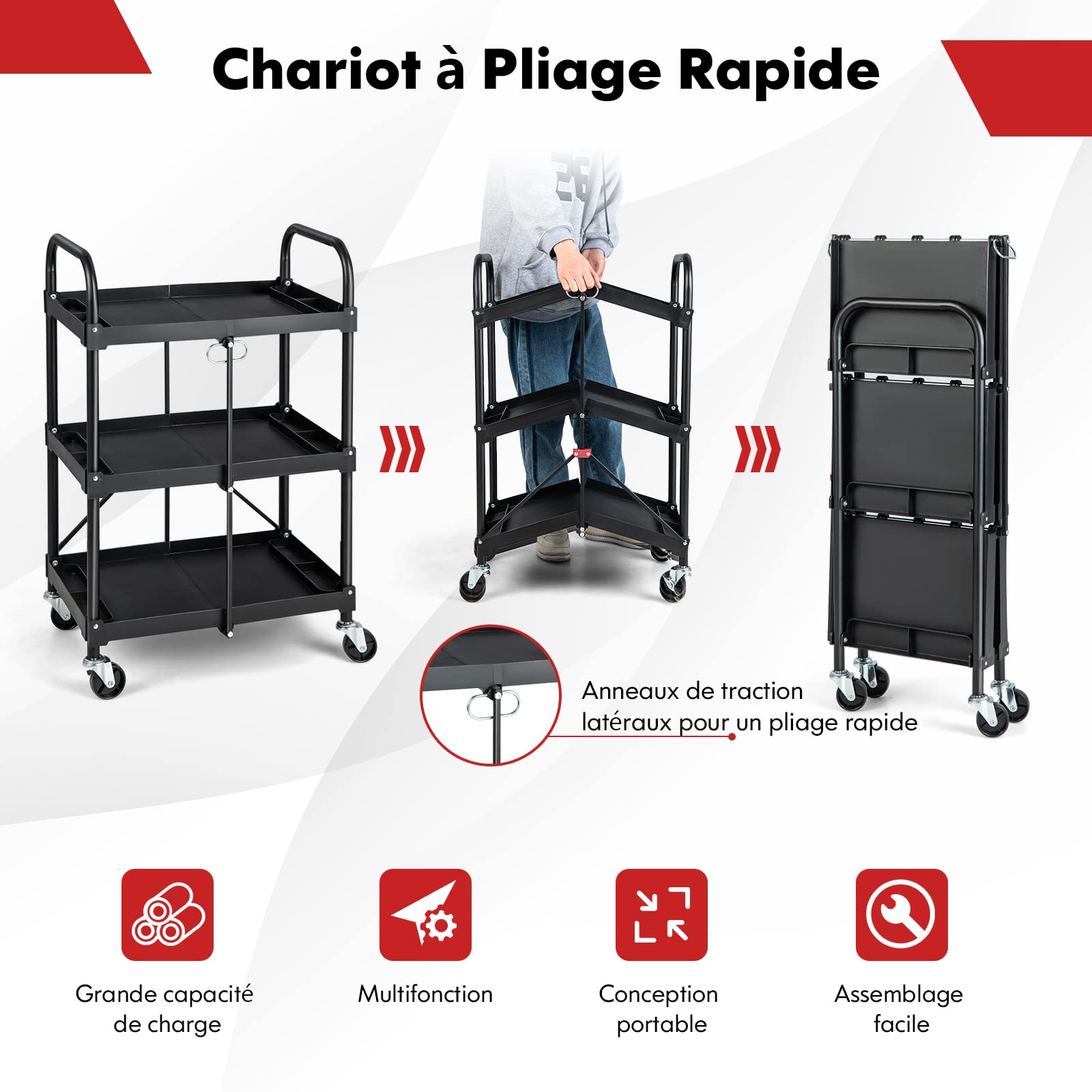 GYMAX Chariot Servante d’Atelier Pliable à roulettes 3 Niveaux, Rangement d'Outils, 2 Rouelettes avec Freins, Compartiments Trié, Cadre Métallique, pour Garage Cuisine Studio