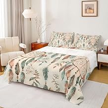 Castle Fairy Boho Sheet Set Full Size,Feather Flowers Plant Bedding Set,Dream Catcher Bed Sheet Set 4pcs with Deep Pocket Fitted + Flat + 2 Pillowcases,Grey Kids Boys Girls Room Decor