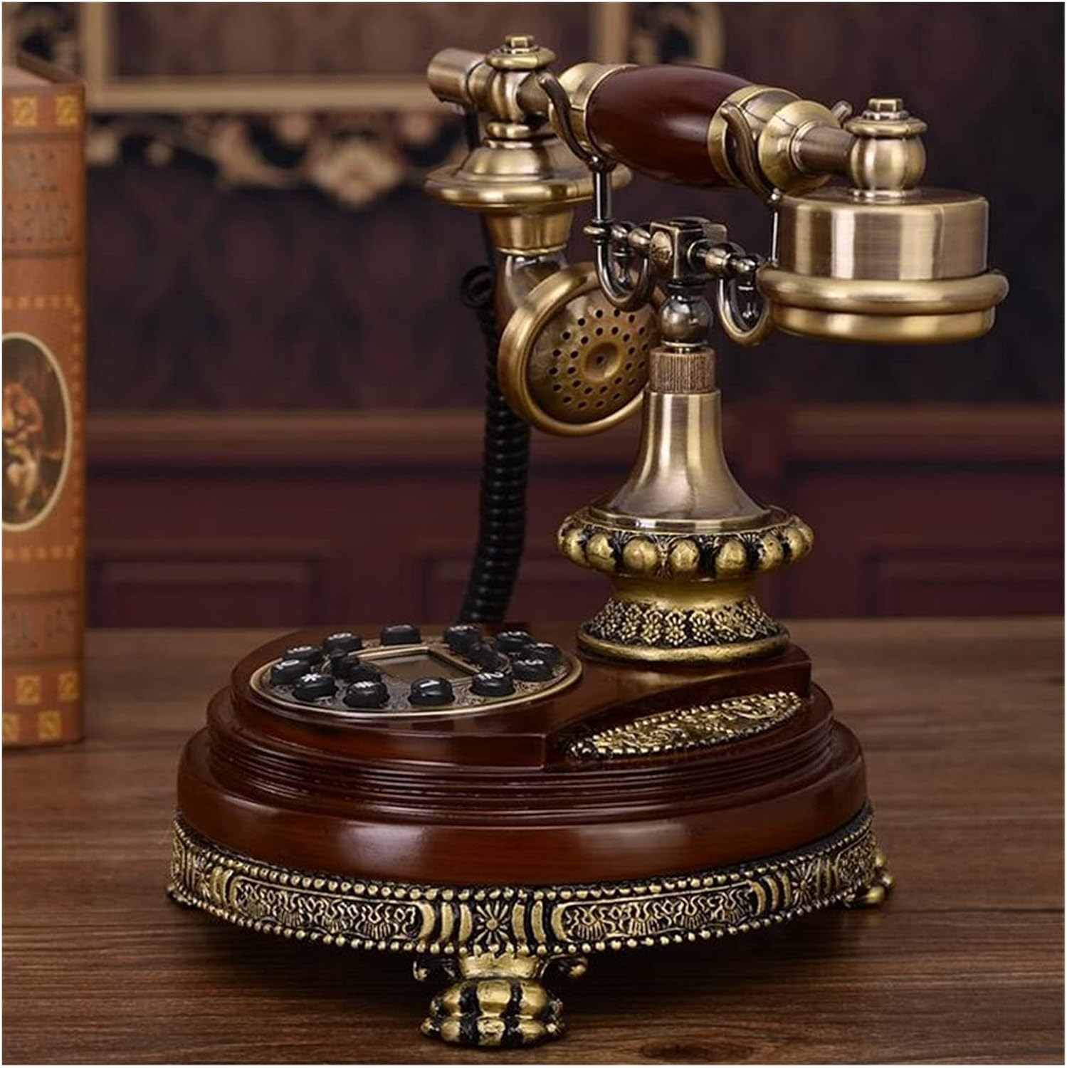 Solid Wood Digital Fixed Phone Rotating Dial Phone Classic Vintage Resin Antique Button Fixed Phone Home Phone (2b) (2 b)