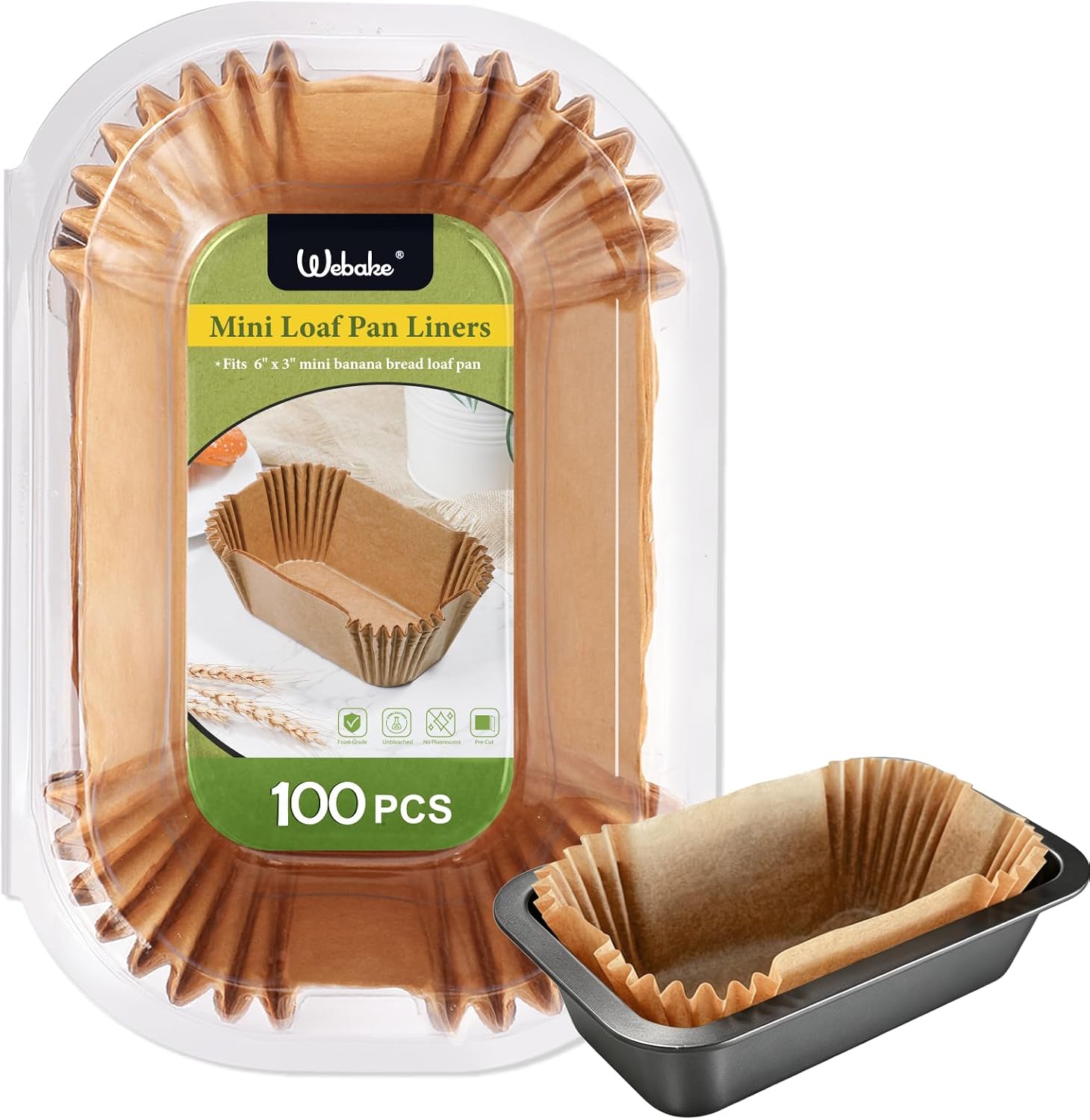 Webake 200Pcs Unbleached Parchment Paper Mini Loaf Pan Liners for 6x3 Small Banana Bread Pan, Original Precut, Non Toxic Baking Paper