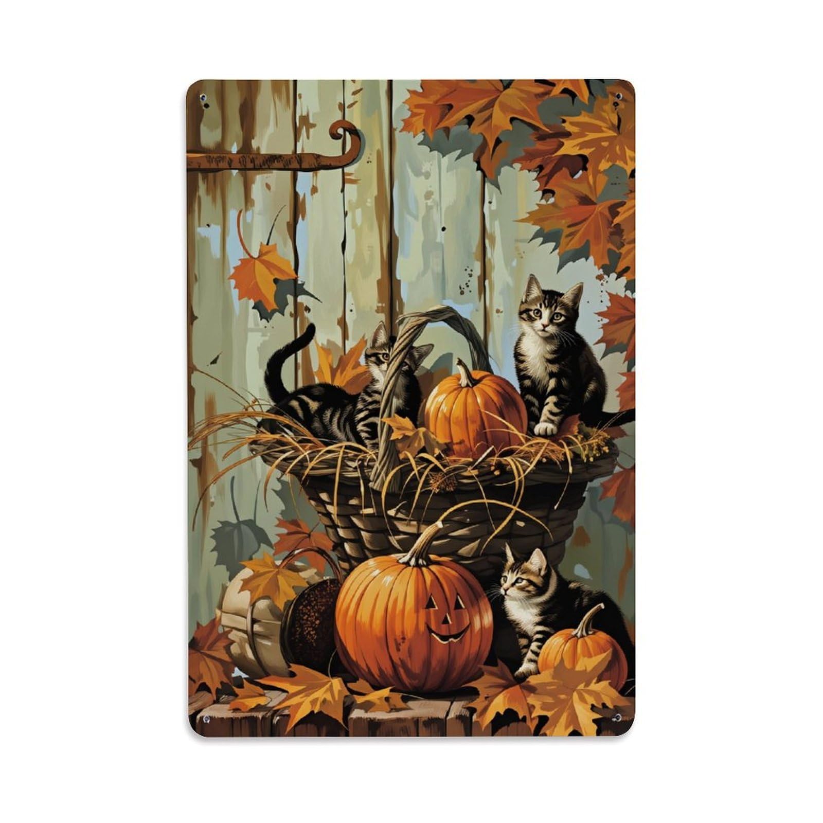 Enderetf Vintage Autumn Leaves Cats Pumpkins Basket Tin Sign Metal Poster, Home Bar Garage Man Cave Cafe Indoor & Outdoor Wall Decoration 8X12inches