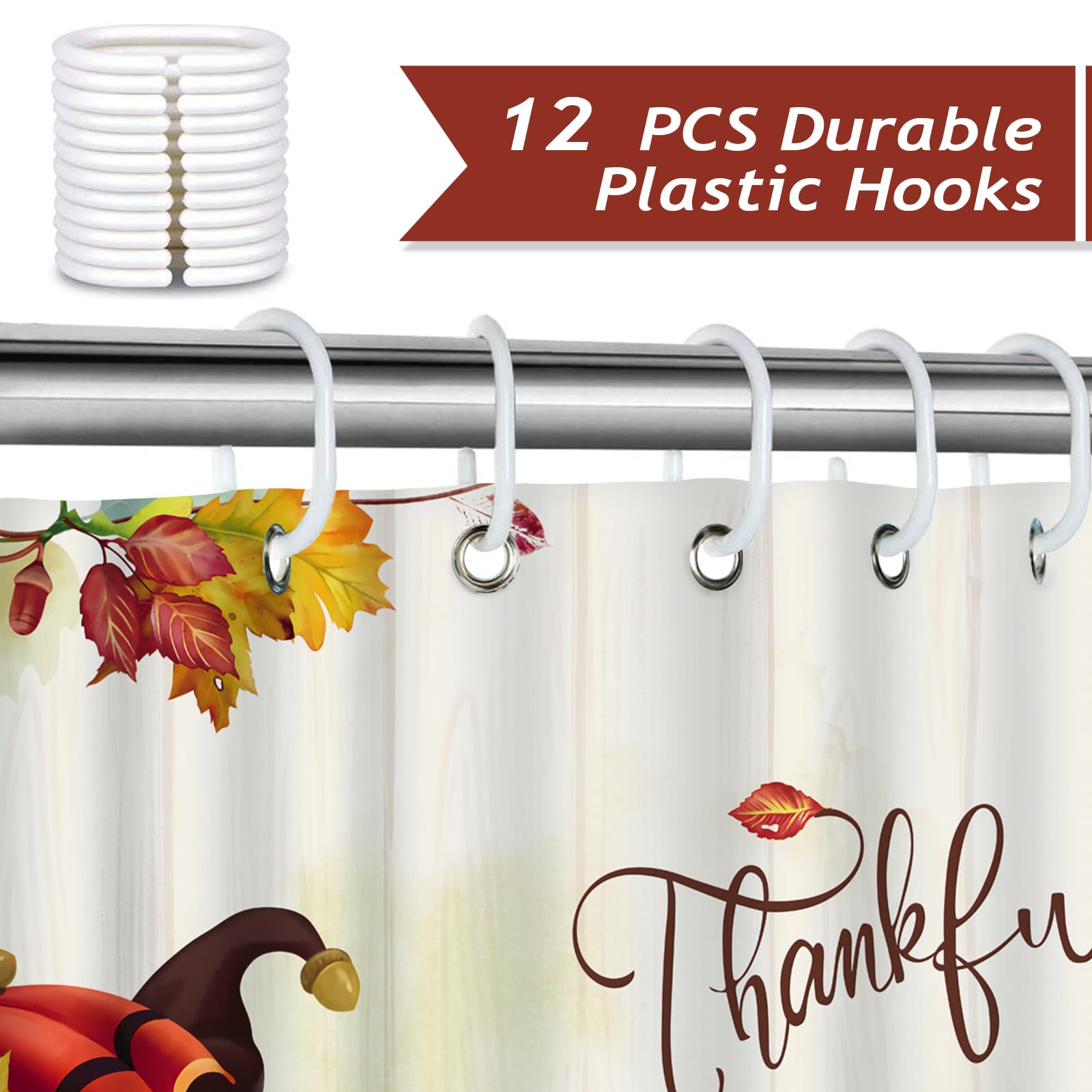 Bonhause Fall Leaves Gnome Shower Curtain Autumn Pumpkin Harvest Thanksgiving Bathroom Curtain 180 x 180 cm Waterproof Mildew & Mould Resistant Polyester Fabric Bath Curtain with 12 Hooks - Image 3