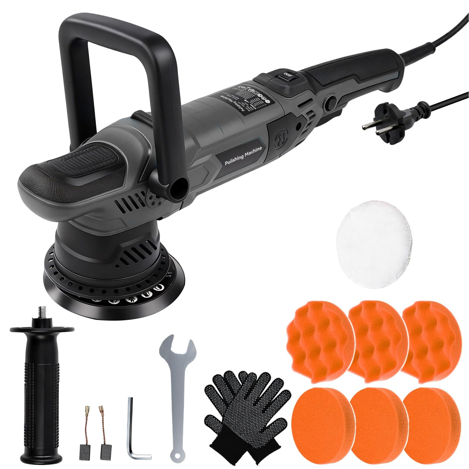 Pulidora Orbital Coche 1600W, 6 Velocidades Variables 600-3600RPM, 4M Cable, con 6 Almohadillas de Pulido, D-Mango Desmontable/Mango Lateral, Maquina de Pulir, para Detallar, Pulir y Encerar