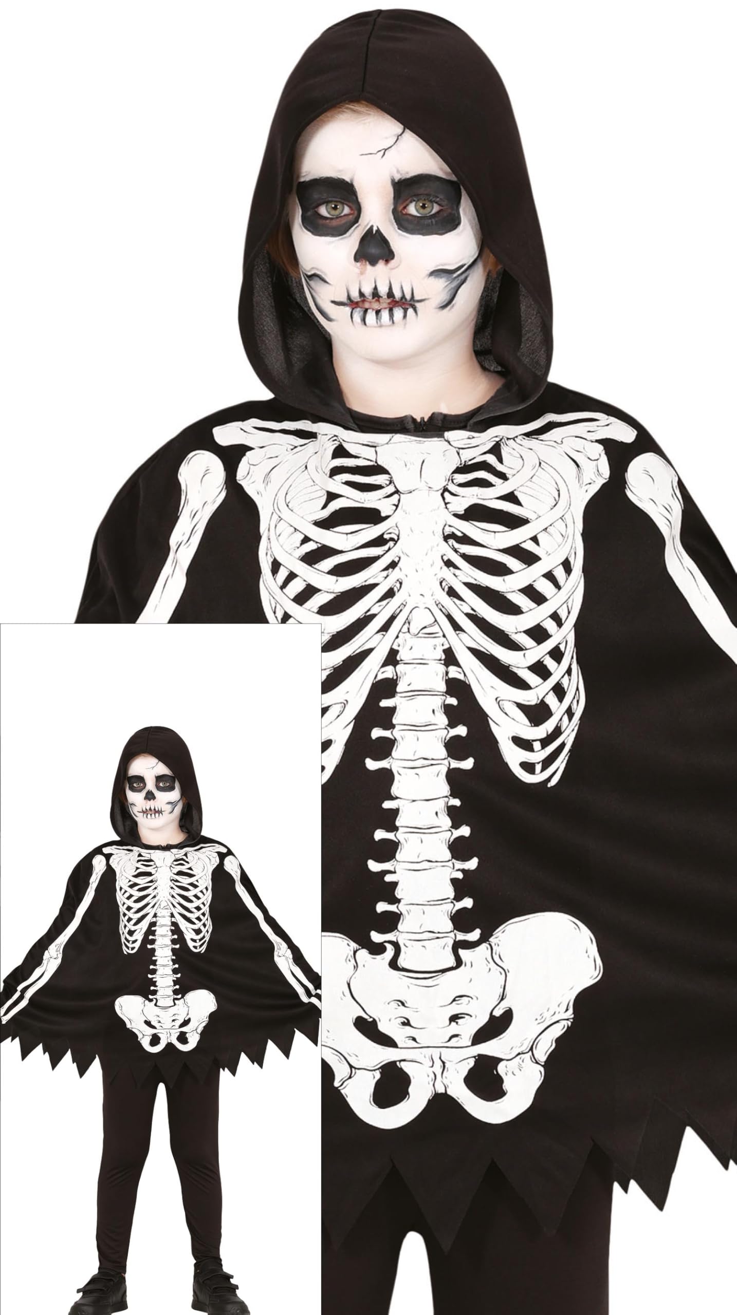 FIESTAS GUIRCA Skeleton Poncho Kids Fancy Dress Costume - Black Poncho with Skeleton Print and Hood - Girls & Boys Halloween Costumes Age 7-9 Years