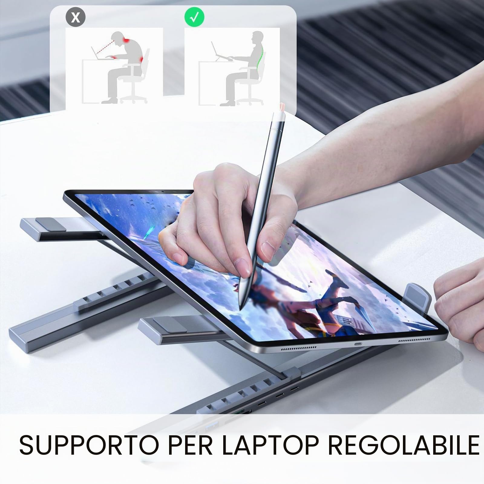 Civilized 8-in-1 USB-C Laptop Stand, USB C Laptop Docking Station, Hub 8 in 1 in alluminio con supporto regolabile per laptop, supporto pieghevole per tablet, Plug and Play per casa ufficio