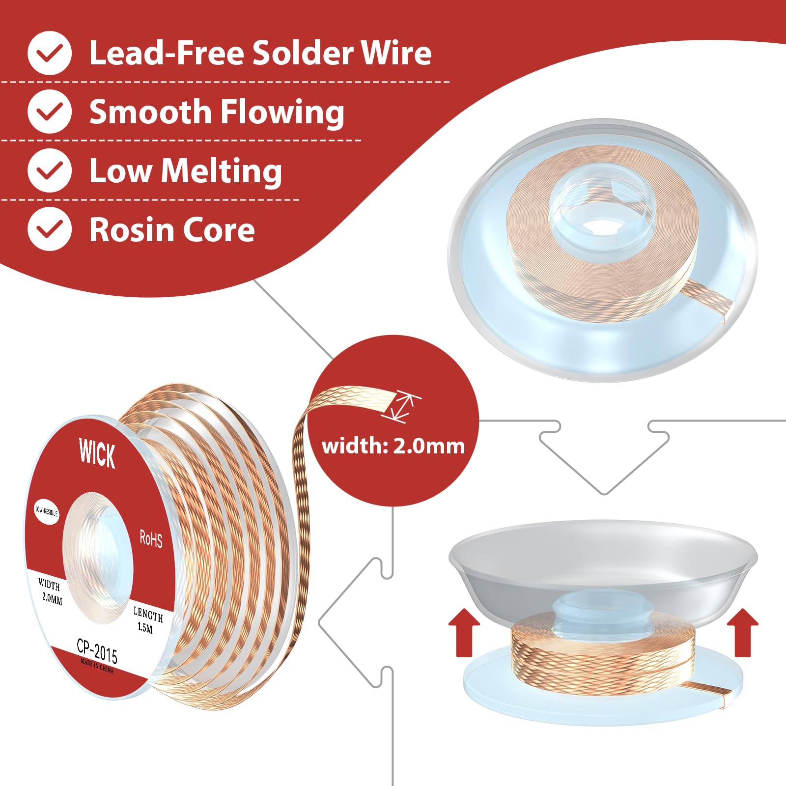 Lötzinn & Entlötlitze Set – Bleifreier Lötdraht mit Kolophoniumkern, Lötzinn Elektronik (Sn99,3Cu0,7/0,8mm/50g) + No-Clean Entlötdocht (2,0mm/1,5m/2 Stk) zum Löten & Entlöten