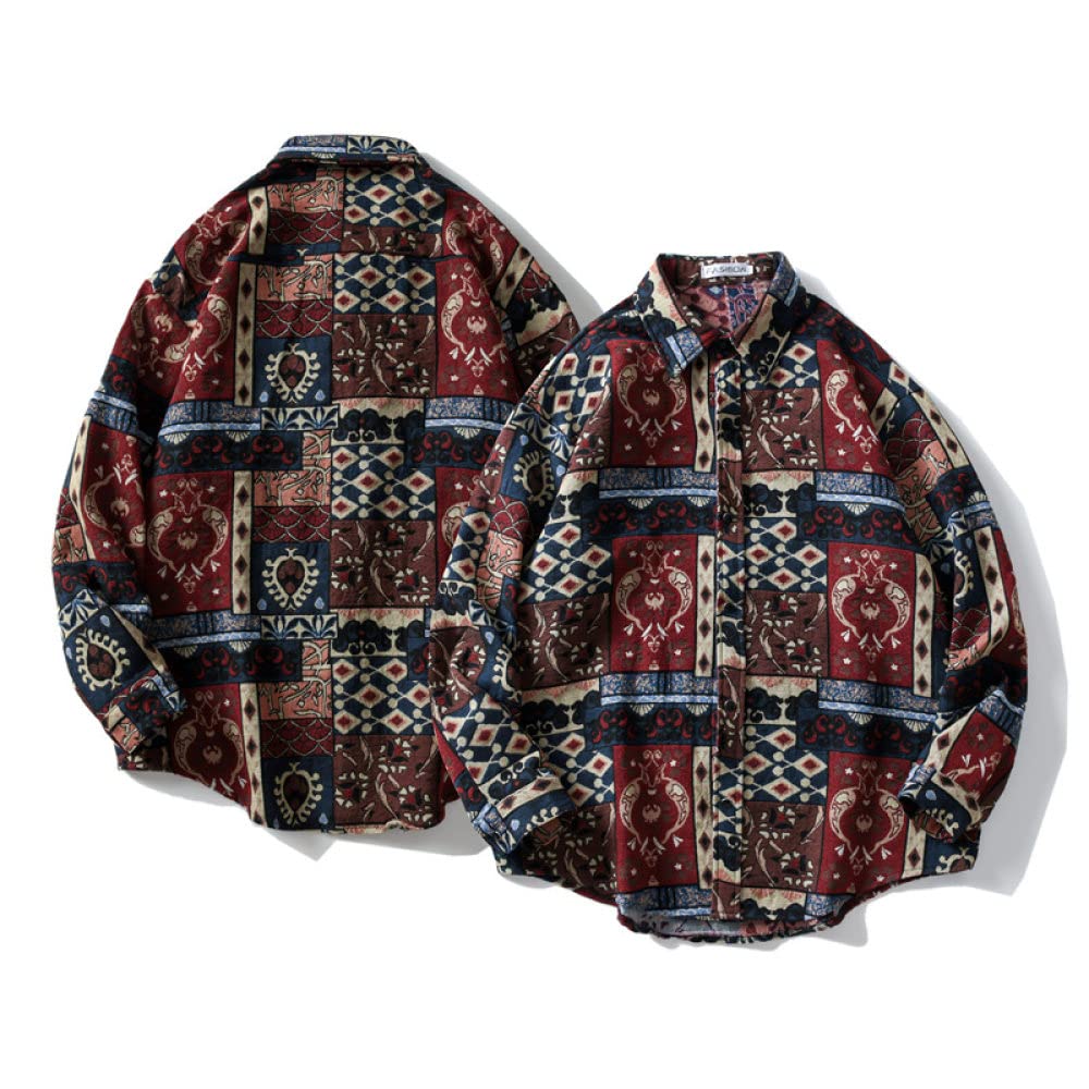 HGJH Herren Flanellhemd Langarm,Herren Langarmshirt Fleecejacke Boho Vintage Jacke Ethno Rot Beige Thermohemd Futter Holzfällerhemd Bequem Lässiges Arbeitshemd Für Herren Jungen