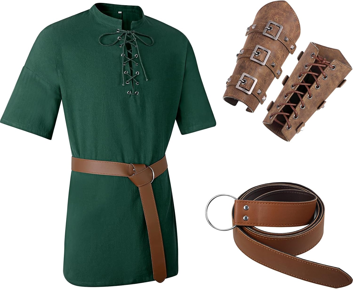 Jeyiour 3 Pcs Renaissance Costume Men Medieval Viking Tunic Knight Costume Faux Leather Arm Guards and Shirts