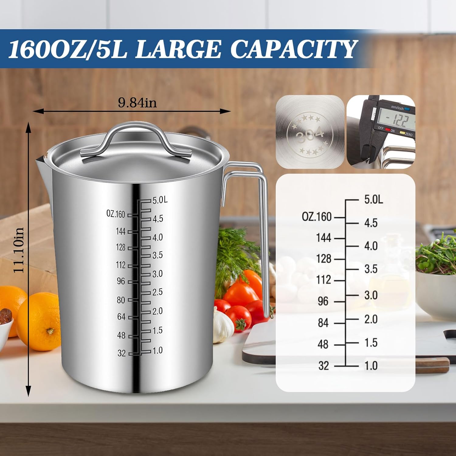 1 Pc 5L Stainless Steel Measuring Pitcher, 169oz Stainless Steel Measuring Cup with Handle, Spout and Lid, Large Capacity Dual Sided Measurement Markings Design for Baking, Brewing Cooking