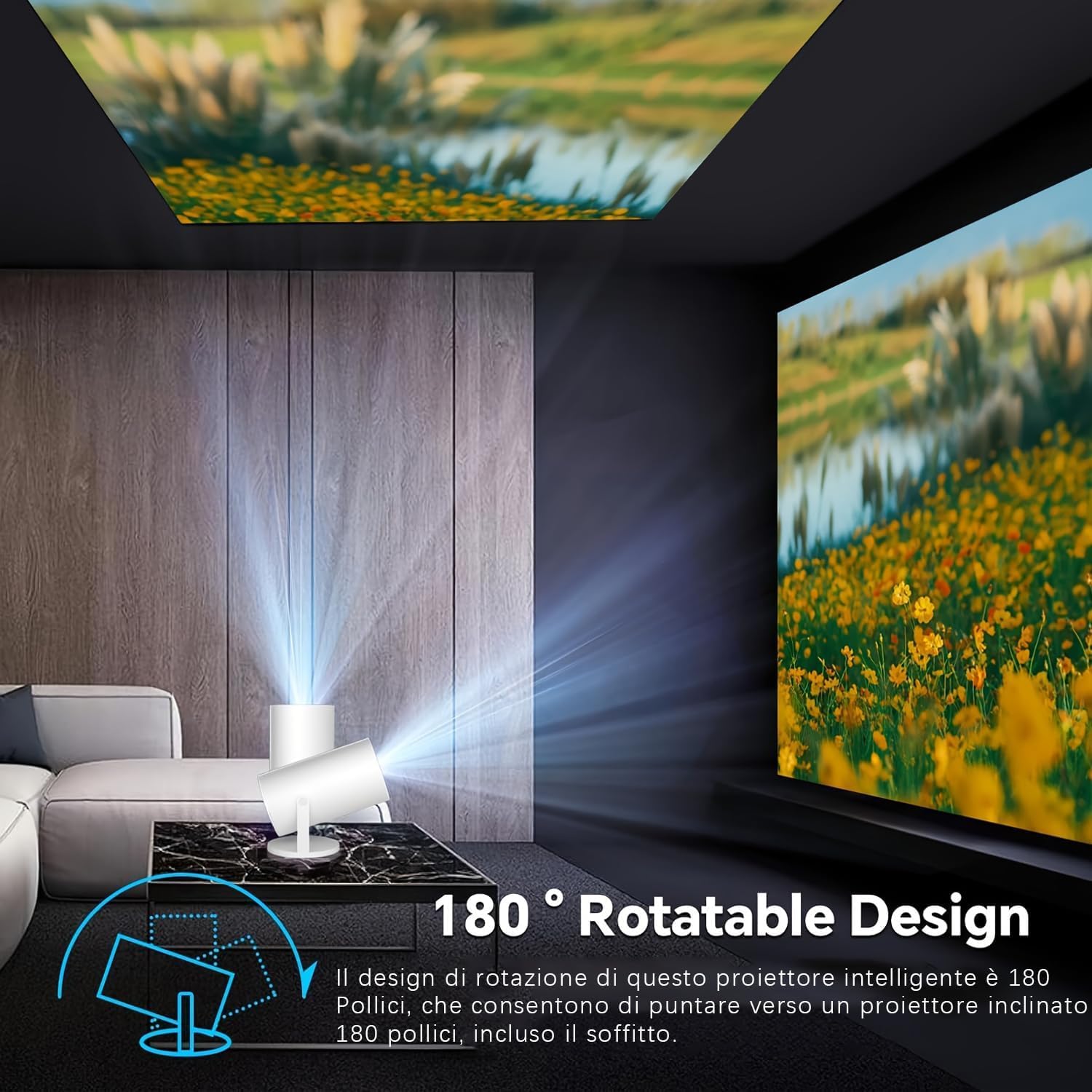 Mini Proiettore Portatile WiFi+BT5 HD Android11, Proiettore Soffitto Correzione automatica Direzione Verticale, Dimensione di proiezione 40~150 In Regolazione Dell'angolo Multiplo di 180°