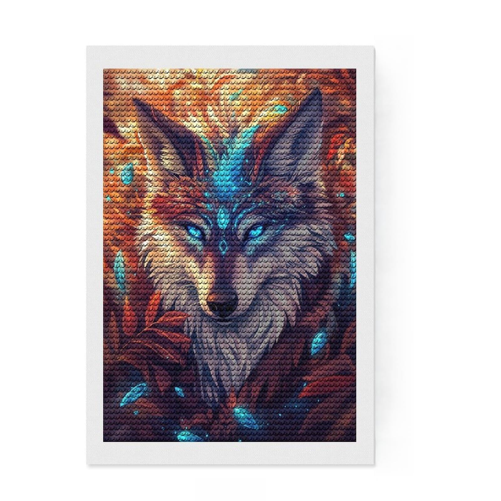 Junmoney Mystical Wolf with Feather Diamond Painting Kit 8"x12", Complete Accessories, Sparkling Round Gems, Full Kit Included, Modern Decor