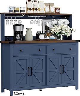 VVFLU Hutch Storage Buffet Cabinet with Drawers, and Charging Station, Coffee Bar Cabinet with Barn Doors, Wine Rack and H...
