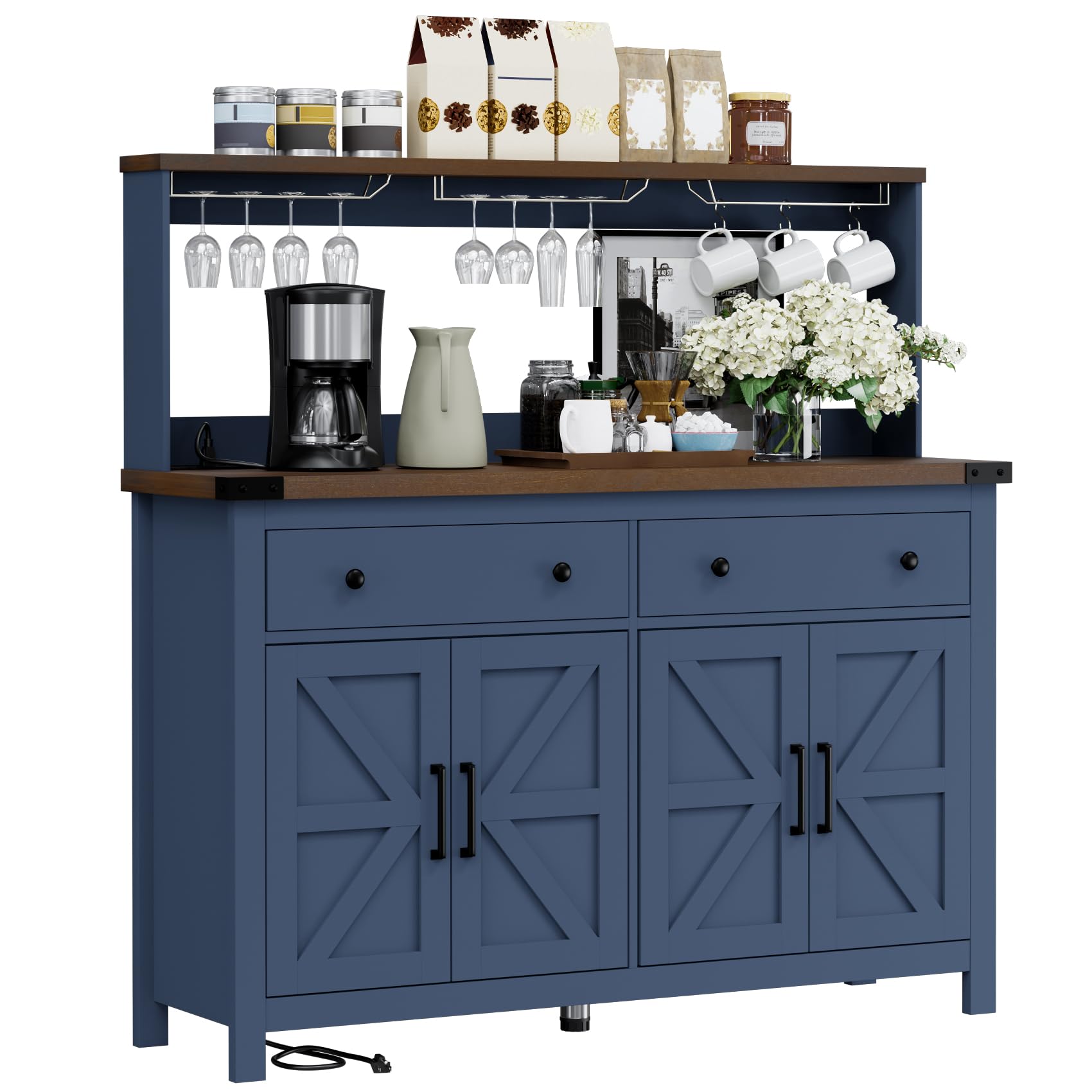 VVFLU Hutch Storage Buffet Cabinet with Drawers, and Charging Station, Coffee Bar Cabinet with Barn Doors, Wine Rack and Hooks, Blue Wood Sideboard