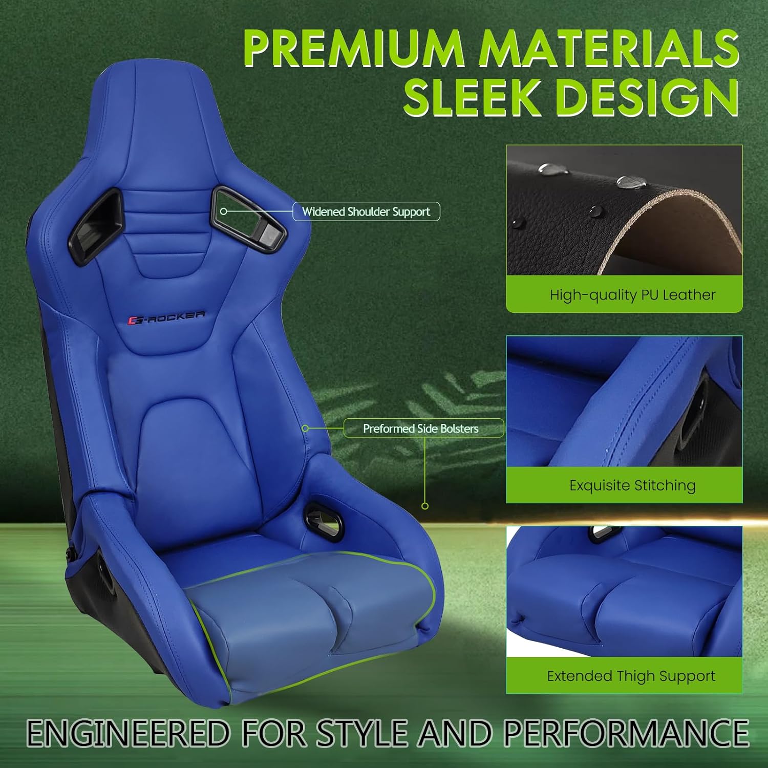 Universal Racing Seat with Dual Sliders, PU Leather Front & Carbon Leather Back Reclinable Bucket Seat, Driver Side-Blue w/LOGO