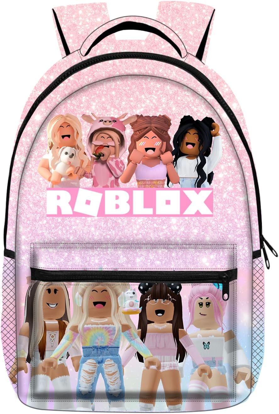 PADIEOE Roblox 3D Printed Children's School Backpack for Boys & Girls 16 Inch Large Capacity Travel Rucksacks Book Bags Kids School Bag (Pink Glitter)