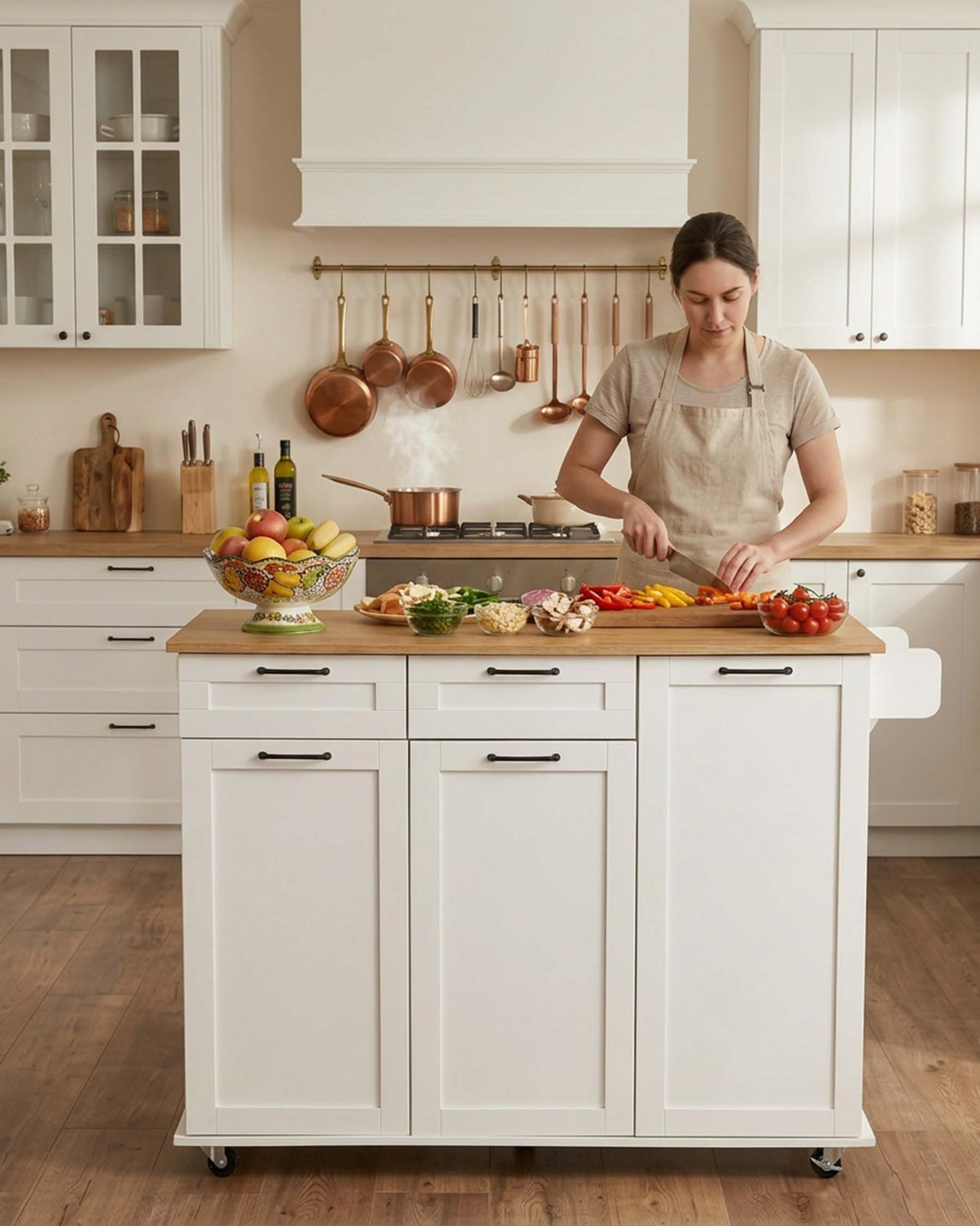 Îlot de Cuisine avec Prise et Plan de Travail Pliable Meuble Cuisine avec roulettes Buffet Cuisine avec Rangement 2 tiroirs et 2 Portes Blanc/chêne 120 x 74 x 94,5 cm