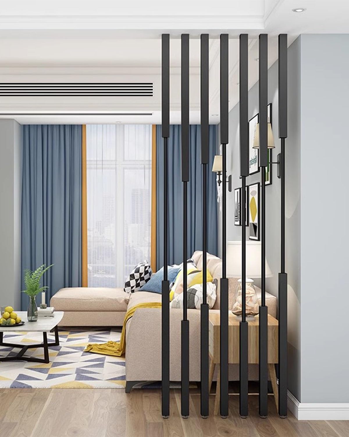 Room Divider 7 Piece Columns Privacy Screen Black/White, 0.9 1.8 2 2.1 2.4 M Tall Modern Room Partition Wall for Studio, Apartment, Entrance, Metal Column Decor(Black,H-92cm/3ft/36.2in)