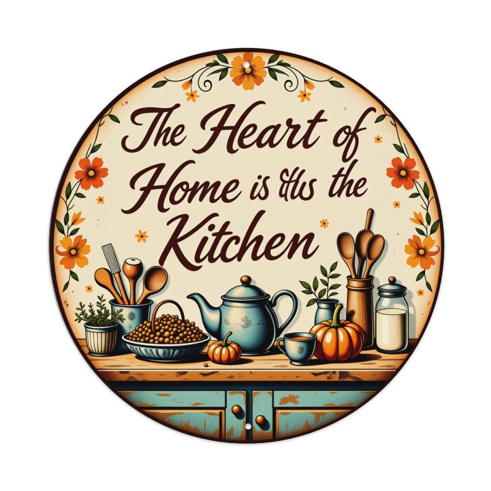 Floral Kitchen Utensils Teapot Pumpkins Round Tin Sign Vintage Style Metal Sign Home Bar Garden Wall Plaque Decor Metal Poster 8x8 Inch