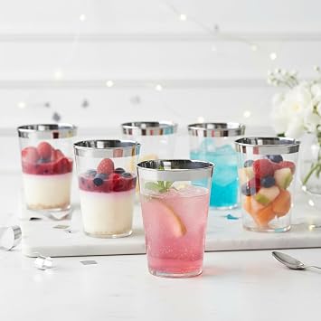 Playlearn Luxia 20-Pack Silver Rim Plastic Cups 10oz Clear, Durable Disposable Tumblers for Wedding, Cocktails & Elegant Parties