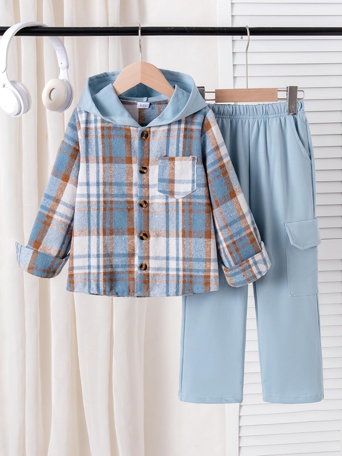 Boys 2PC Pants Set Plaid Flannel Hoodies Sweatshirt Button Down Jacket and Cargo Sweatpants Sets Sweatsuit 4-14Y - Image 6