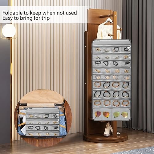Miniatura 5 de Organizador de joyas colgante para sostener aretes, pulseras, anillos, soporte de collar de doble cara con 52 bolsillos con cremallera y 7 trabillas