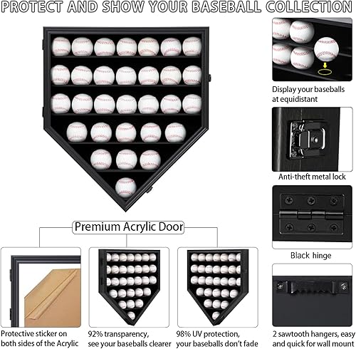 Miniatura 3 de 30 expositores de béisbol de madera para pelotas de béisbol de montaje en pared, caja de sombra de béisbol con cerradura antidecoloración,