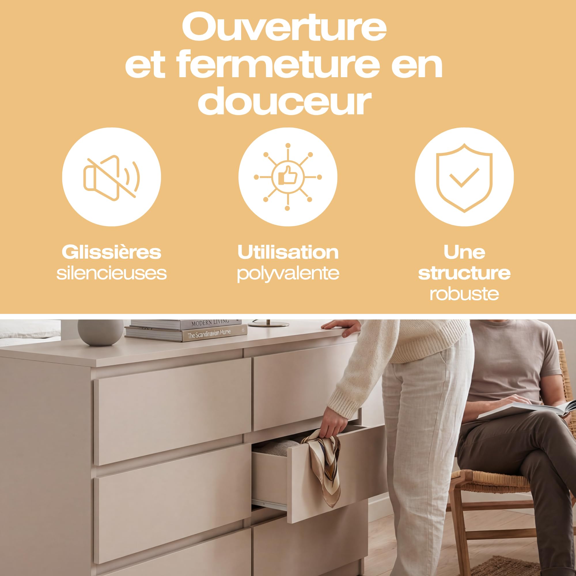 Commode 6 Tiroirs Kaschmir 120 cm - Design Minimaliste - 120 x 39 x 78,5 cm - Meuble de Rangement Spacieux pour Chambre, Salon ou Bureau