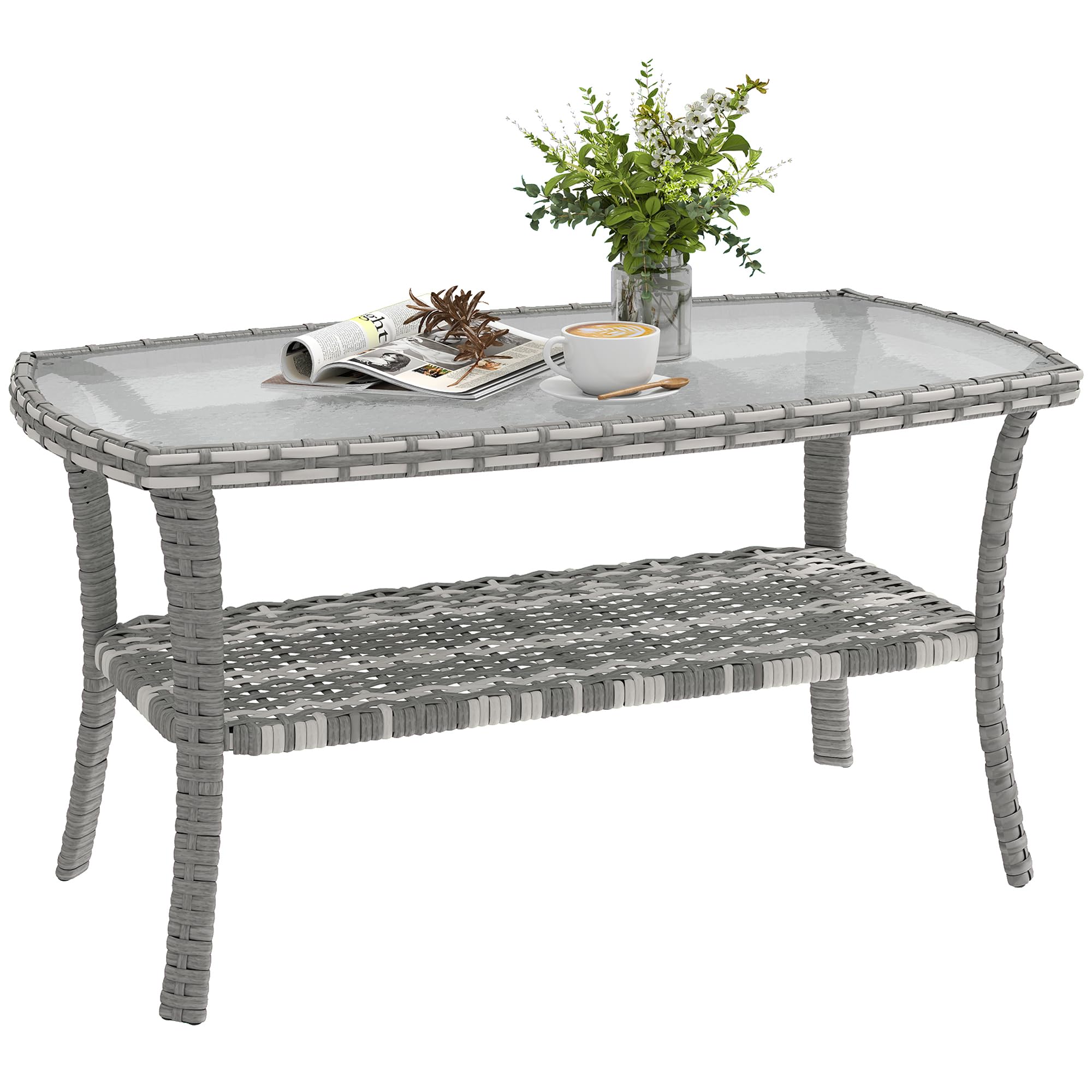 Outsunny Tavolo da giardino esterno in rattan con mensola, tavolino rettangolare da giardino, piano in vetro temperato con onde, struttura in acciaio, per terrazza, patio, 90 x 50 x 45 cm, grigio