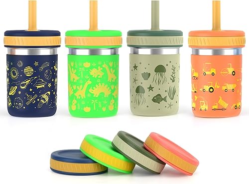 Miniatura 12 de Sursip Vasos infantiles de acero inoxidable con pajitas y tapas, resistentes a derrames, con popote de silicona para batidos, bebidas, aperitivos,