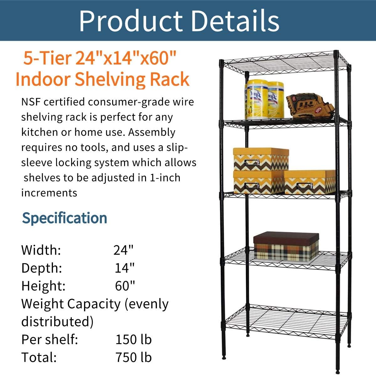 Storage Garage Organizer Metal Shelving Unit， 5-Tier 24" Steel Utility Wire Storage Racks and Shelving， 750Lbs Rust-Proof Storage Shelves , NSF Certification Shelf for Kitchen Office Garage