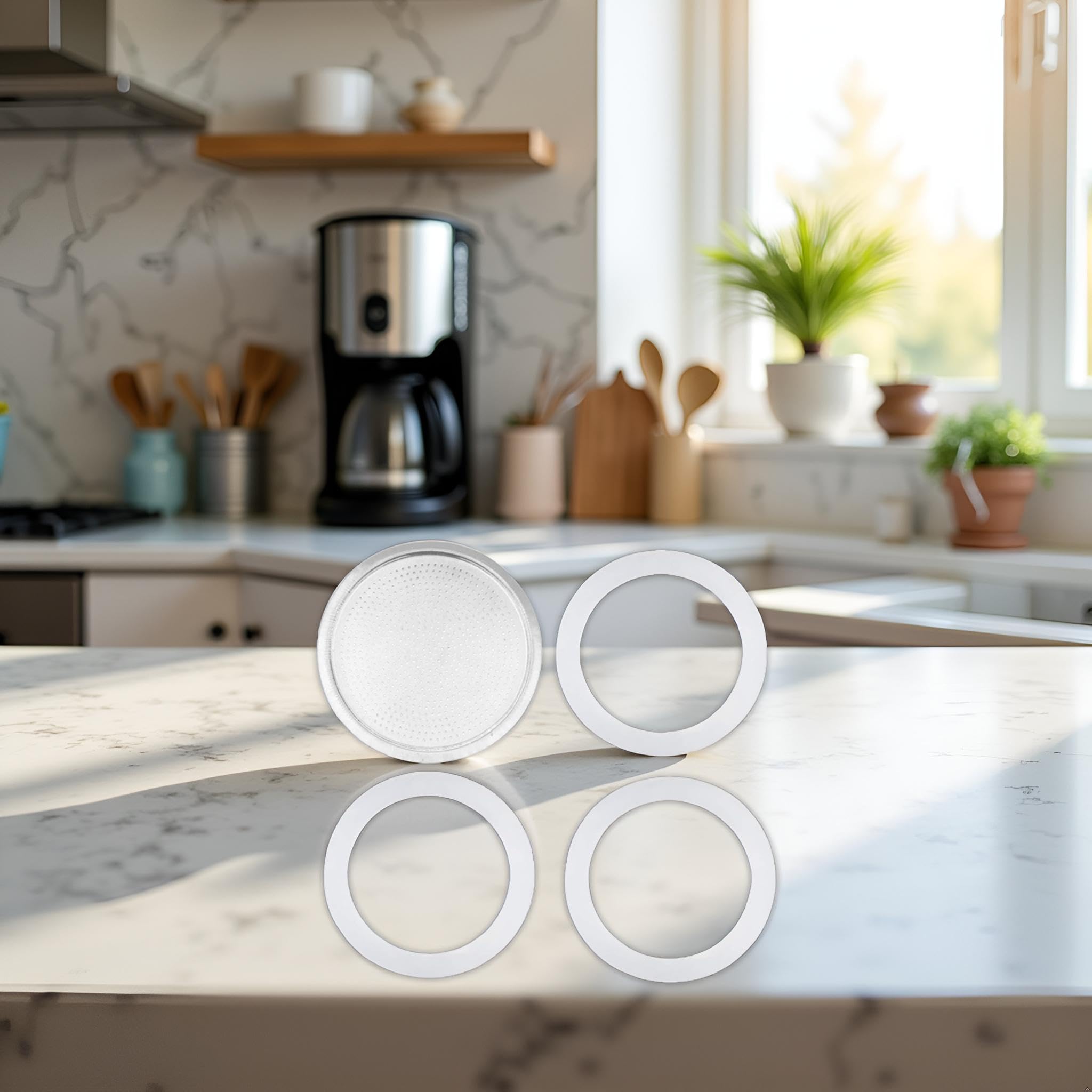 3 juntas de gel de sílice de repuesto de 3 tazas y filtros de aluminio para cafetera Moka, botella de café, 3 tazas, tamaño único, suministros para el hogar de papel y plástico