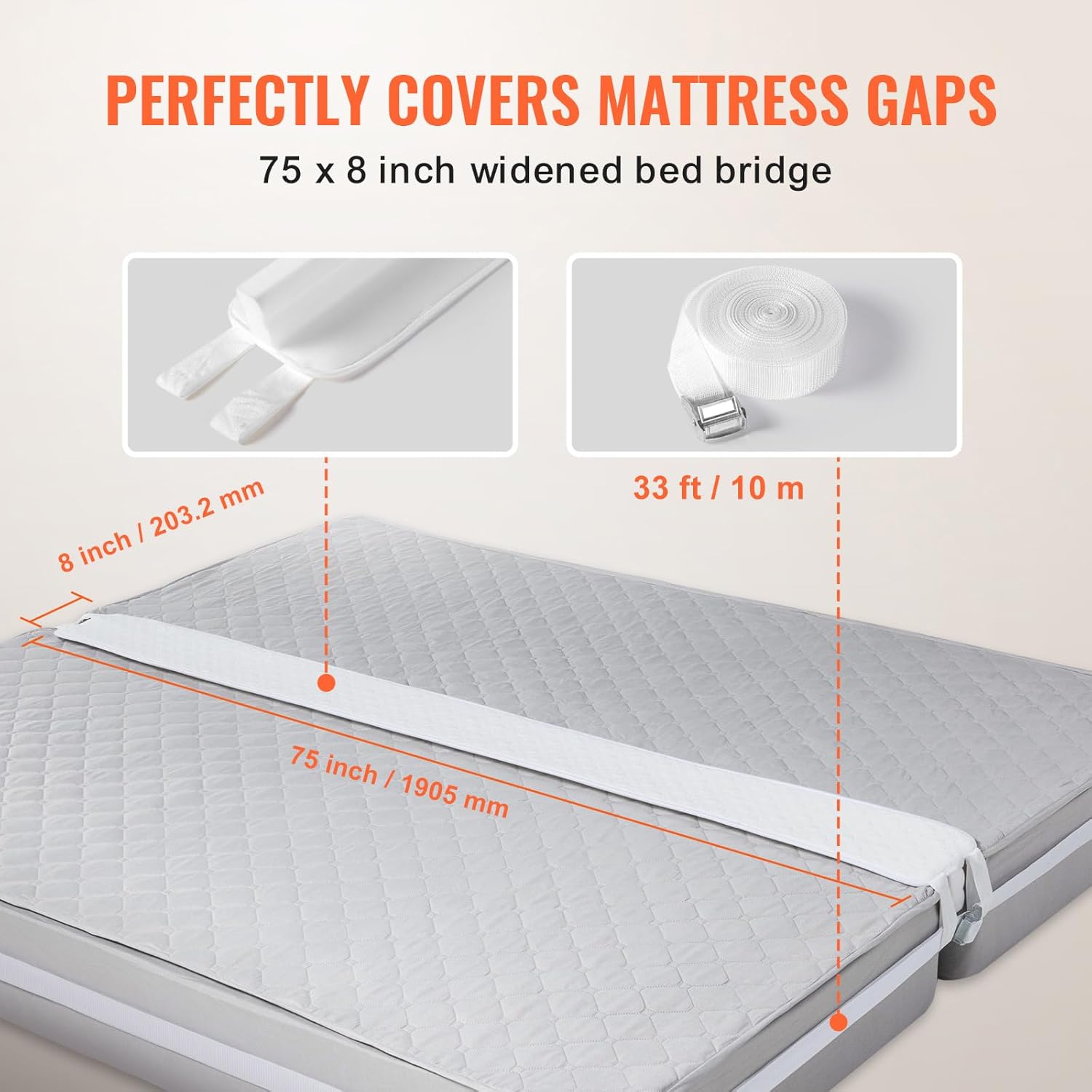 Happybuy Bed Bridge, King Bed Conversion Kit, Split King Gap Filler for Adjustable Bed. Mattress Connector and Gap Filler with Heavy-Duty Metal Buckle Strap and 25D Memory Foam (75" L x 8" W)